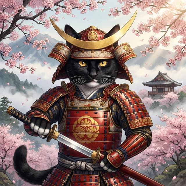 Japanese Cat Art - Samurai style portrait