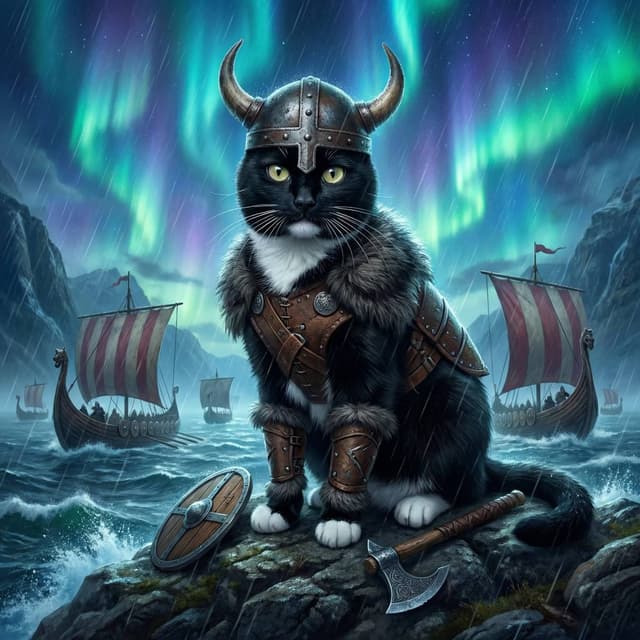 Medieval Cat Art - Viking Warrior style portrait
